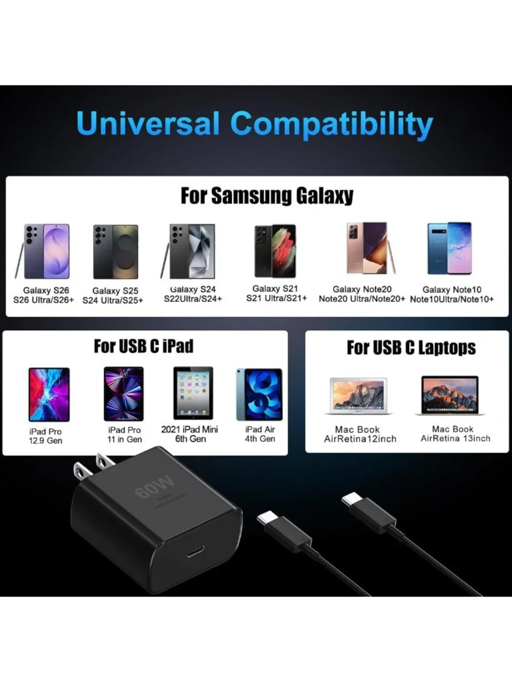 60W Fast USB C Charger Block & 10FT Cable for Android Phones - Quick Charge